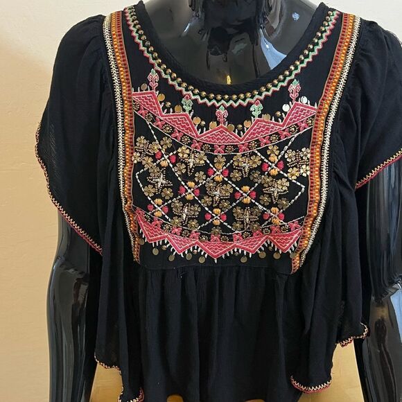 Boho black and colorful shirt with embellishments - Picture 1 of 4